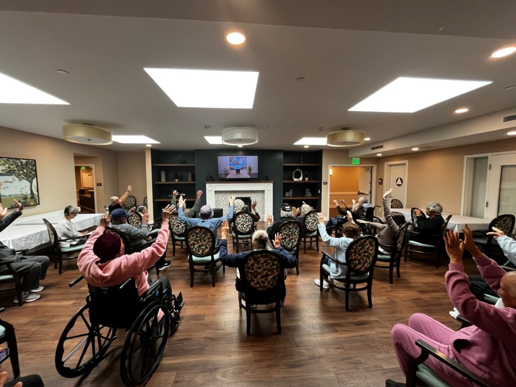 Seniors exercising in a Los Angeles assisted living facility